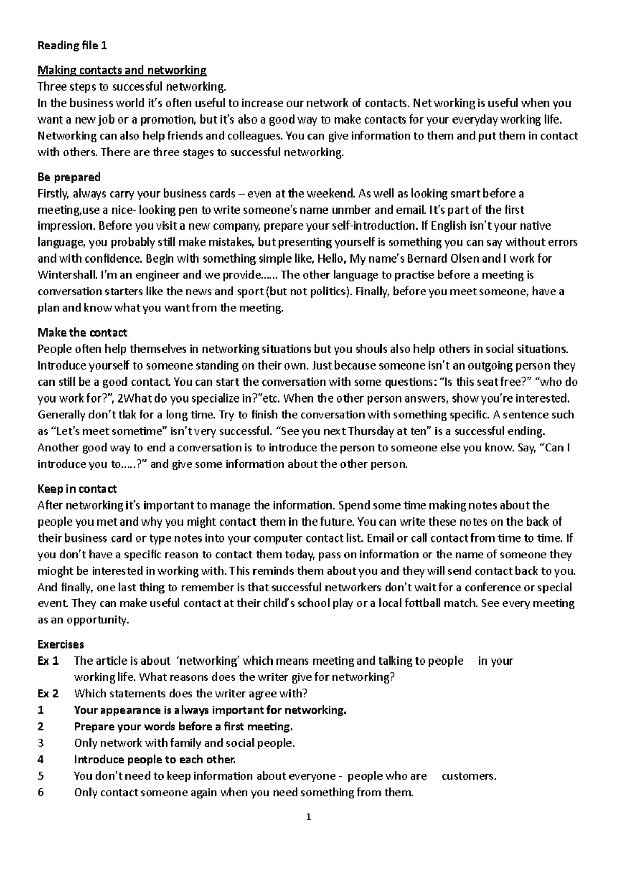Reading file 1 Networking Reading file 1 Making contacts and