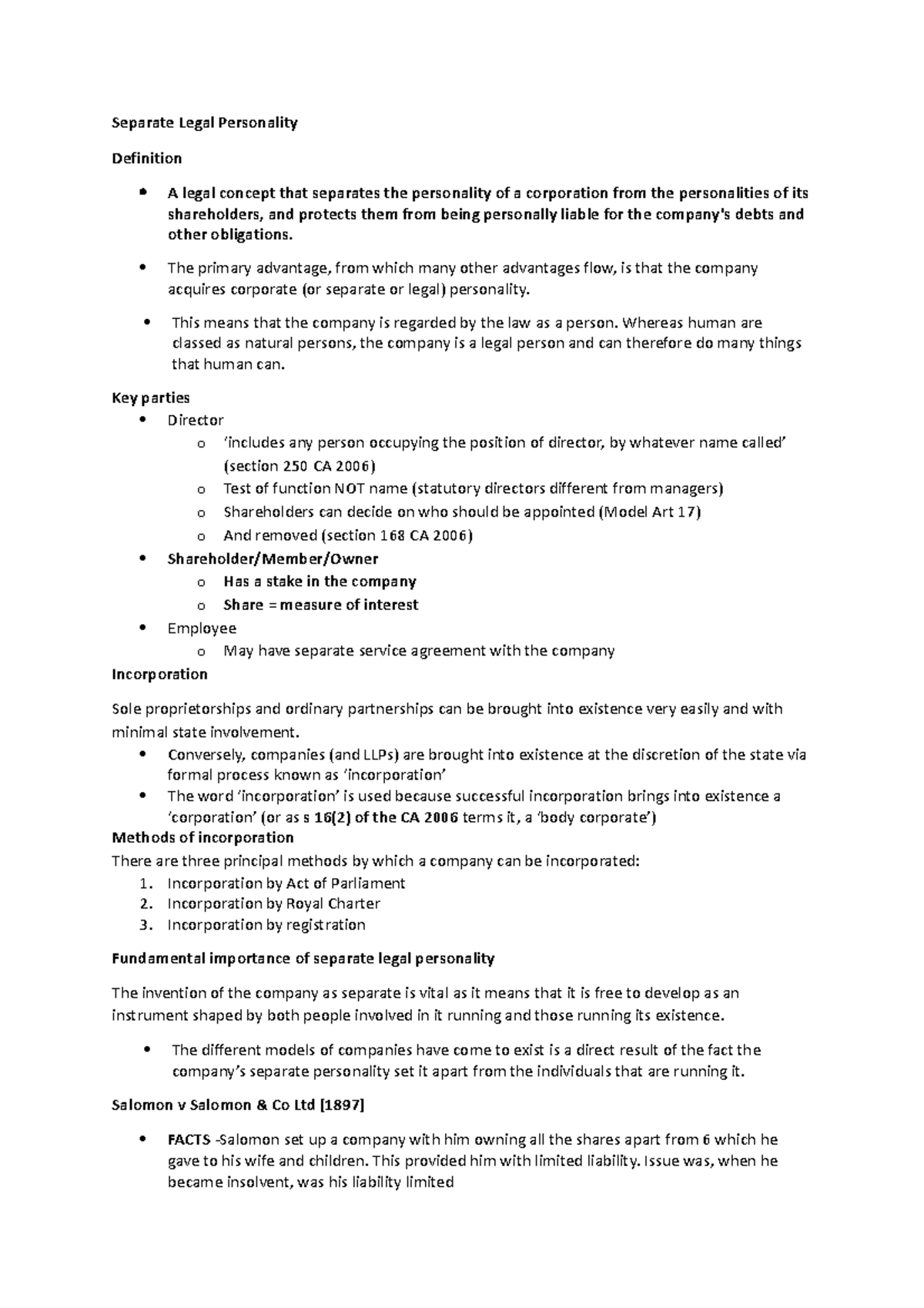 Separate Legal Personality + lifting the veil Separate Legal