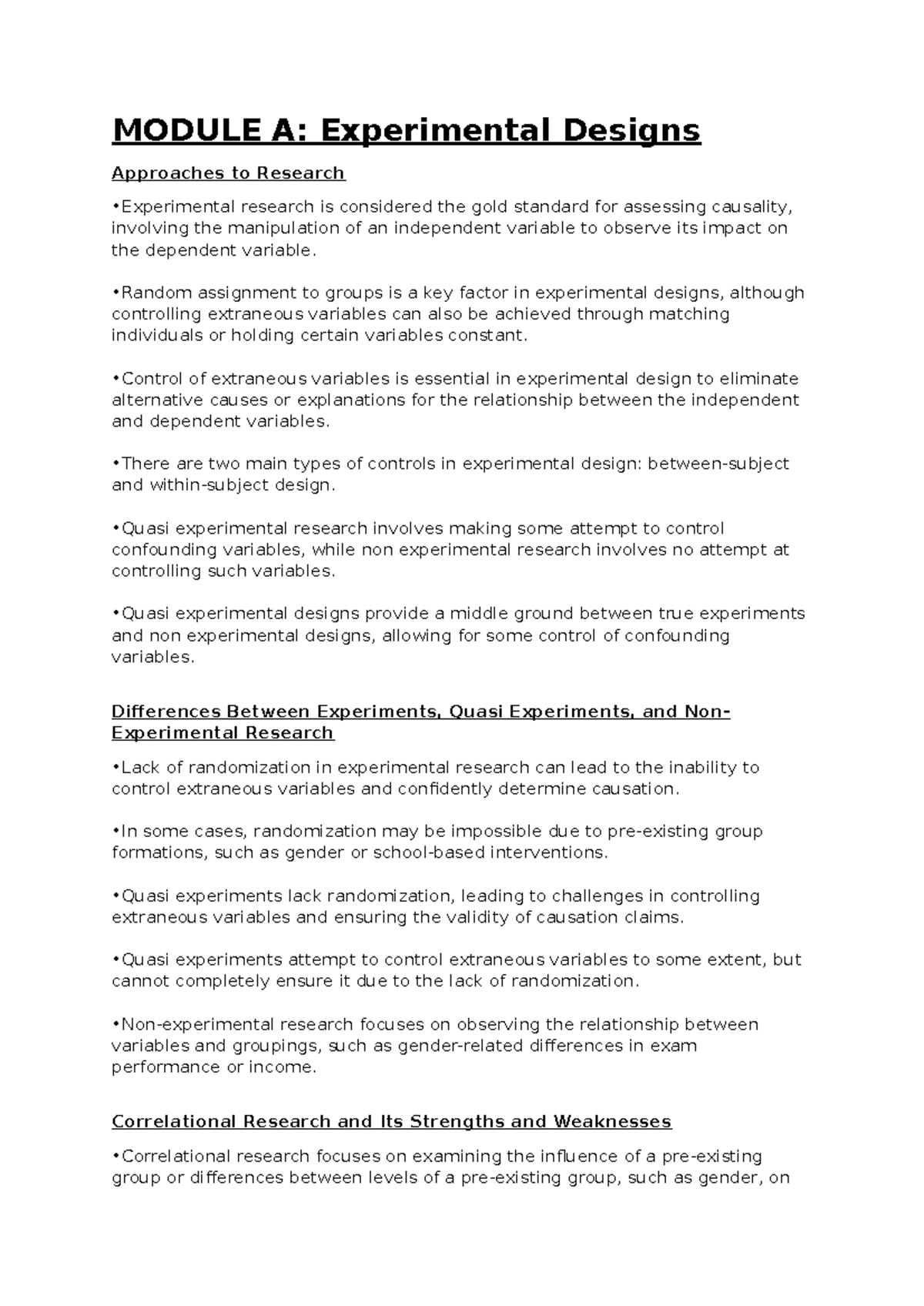 WEEK 1 Notes - MODULE A: Experimental Designs Approaches to Research ...
