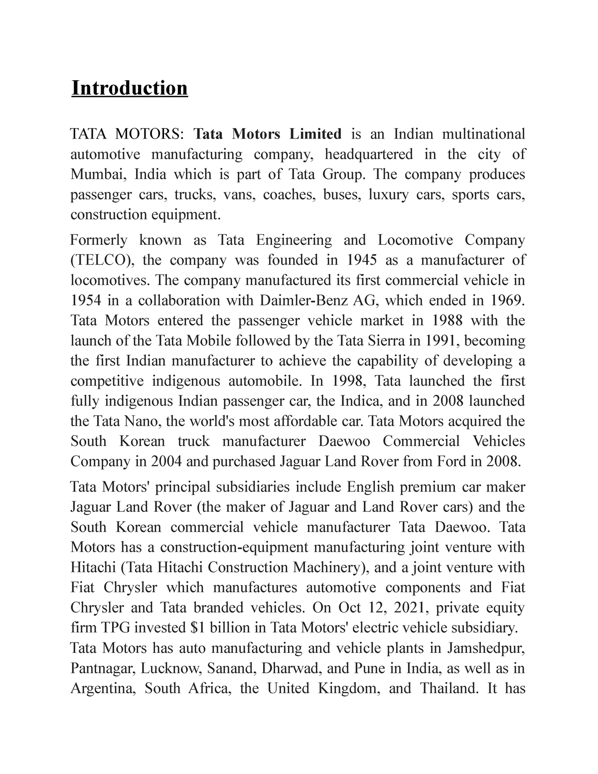 Financial Report Introduction TATA MOTORS Tata Motors Limited is an