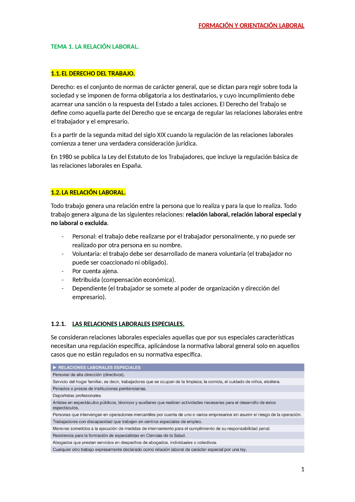 Apuntes FOL 1a Evaluacion - TEMA 1. LA RELACIÓN LABORAL. 1.1 DERECHO ...