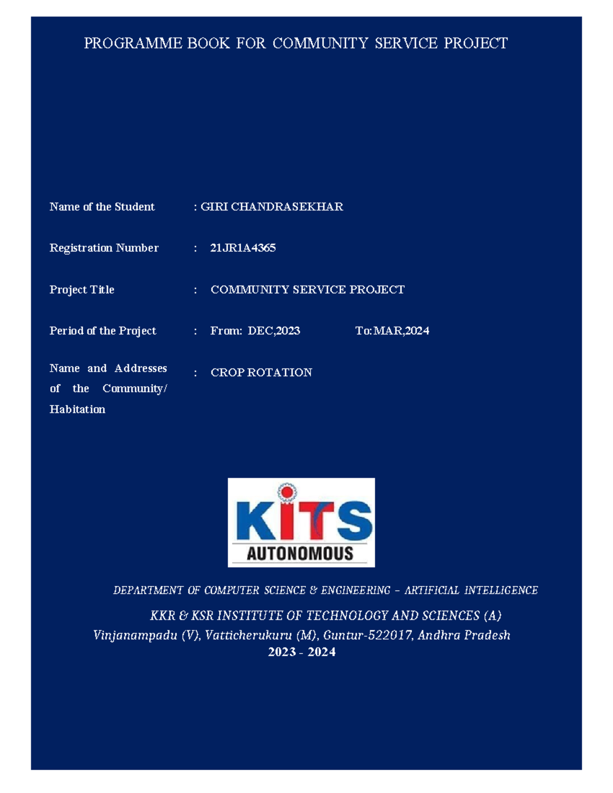 Changedpdf - PROGRAMME BOOK FOR COMMUNITY SERVICE PROJECT Name of the ...