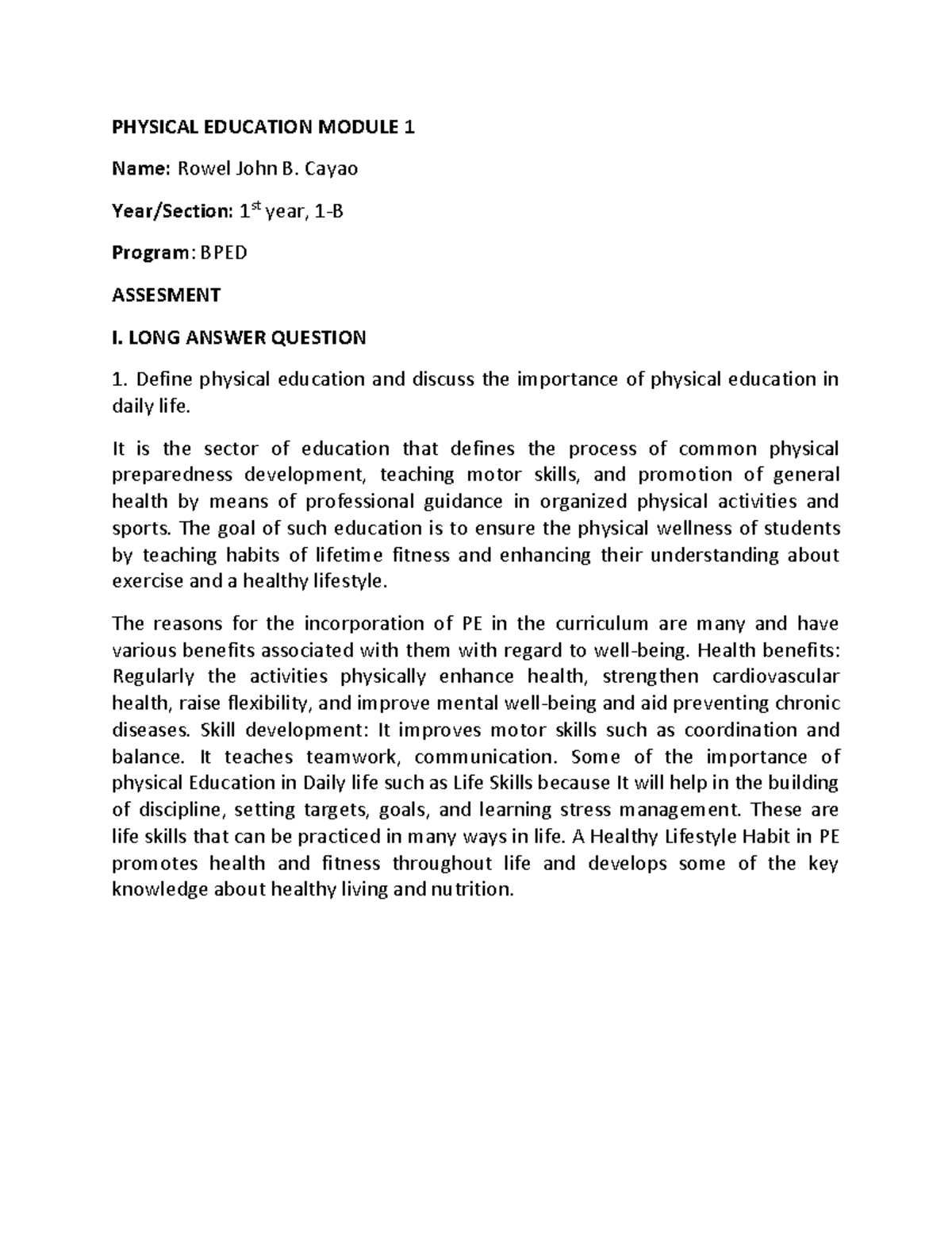 PE Module 1 - I'm student - PHYSICAL EDUCATION MODULE 1 Name: Rowel ...