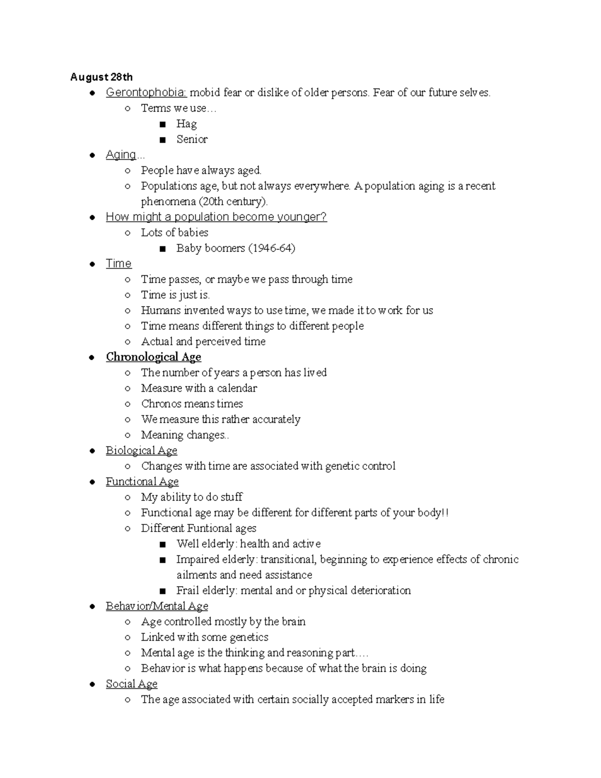 GRN 250 Lecture Notes - August 28th Gerontophobia: mobid fear or ...