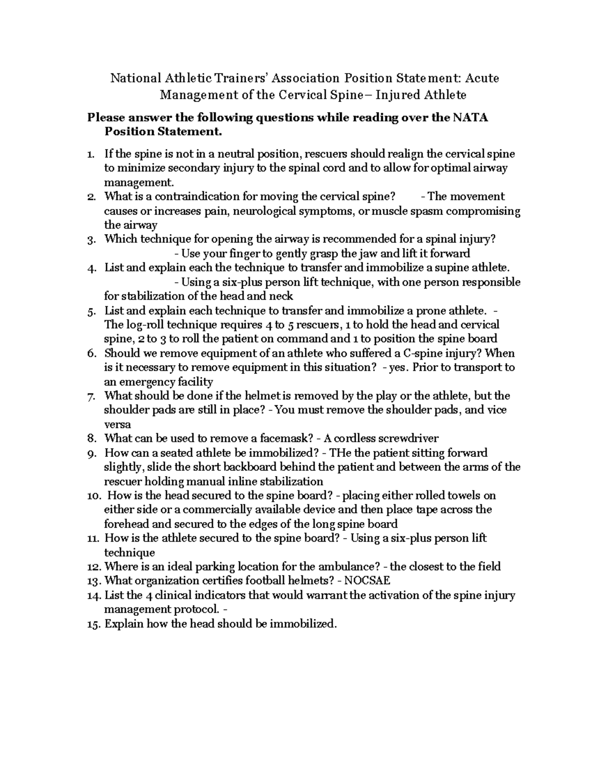 NATA+Position+Statement+Cspine+questions National Athletic Trainers