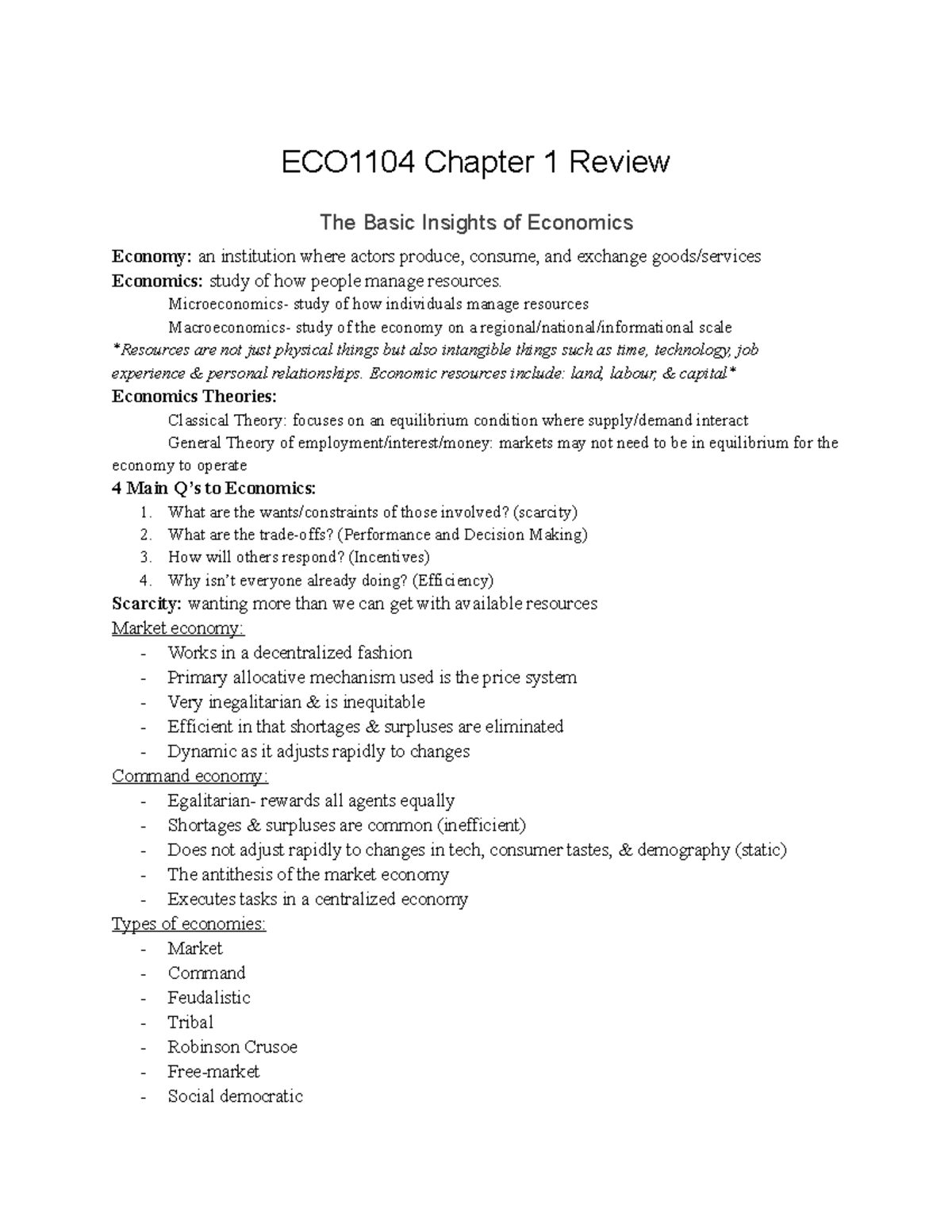 ECO 1104- Chapter 1 Notes - ECO1104 Chapter 1 Review The Basic Insights ...