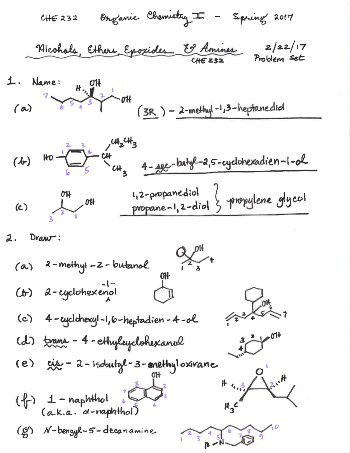 Alcohols Ethers Epoxides And Amines Worksheet 2 - Psb 822 - Studocu