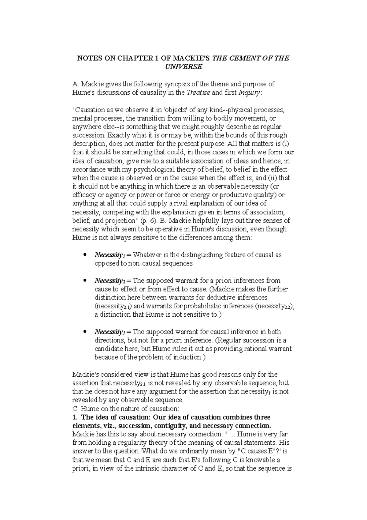 Notes on J.L. Mackie - NOTES ON CHAPTER 1 OF MACKIE'S THE CEMENT OF THE ...