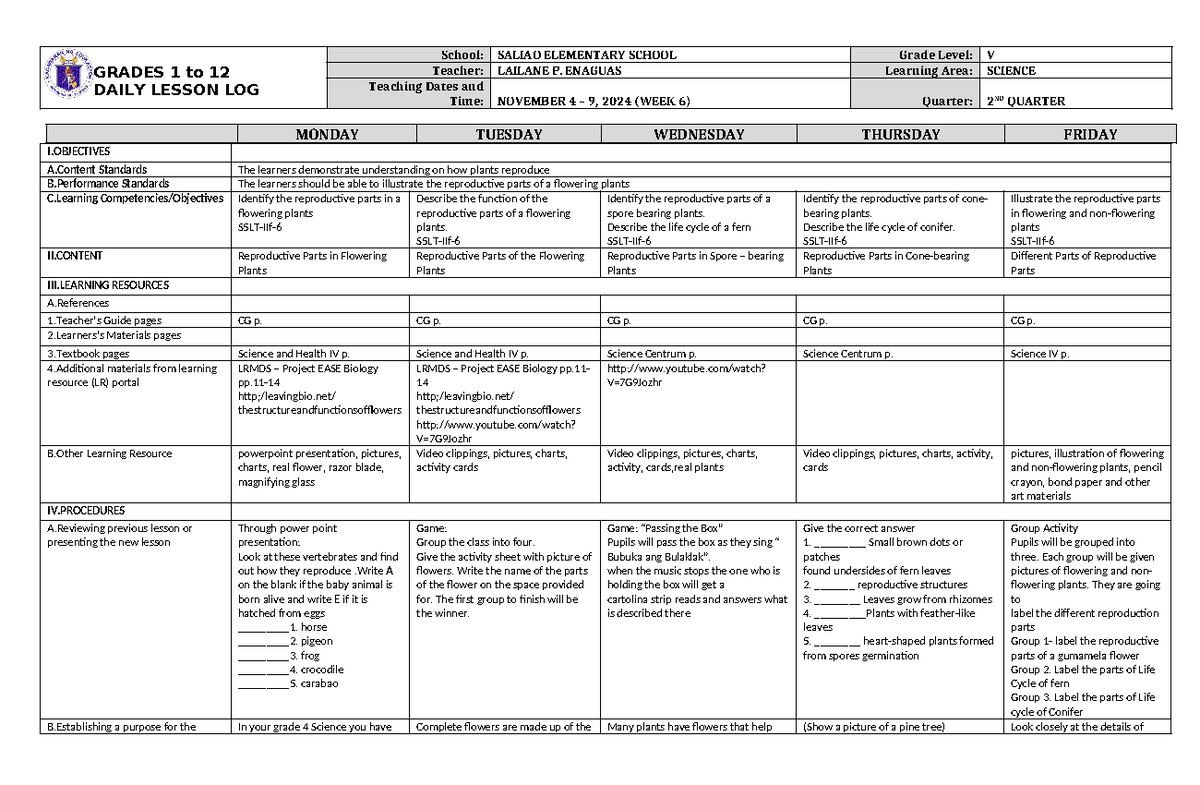 DLL Science 5 Q2 W6 - Daily Lesson Log - GRADES 1 to 12 DAILY LESSON ...