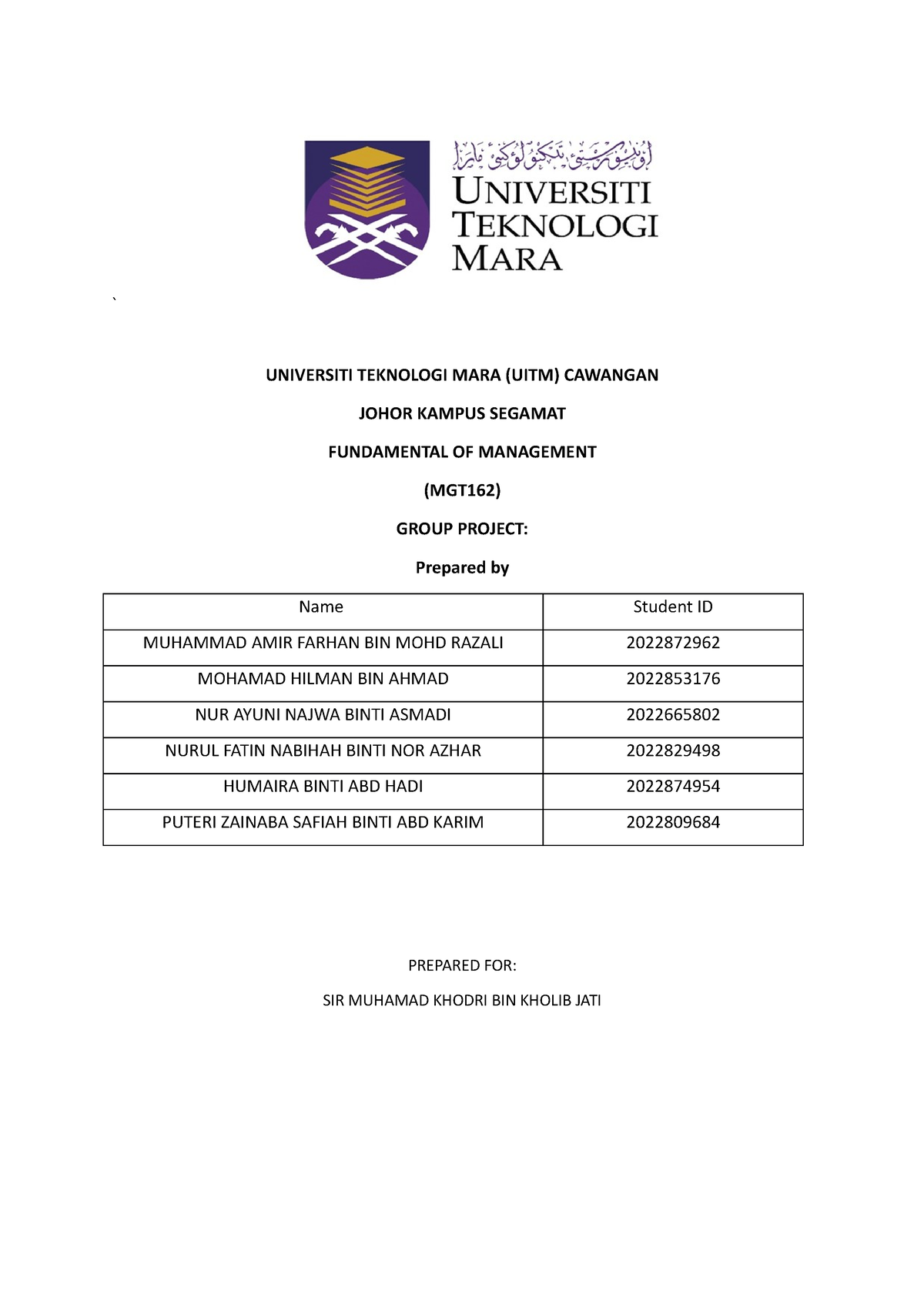 Mgt Assigment - ` Universiti Teknologi Mara (uitm) Cawangan Johor 