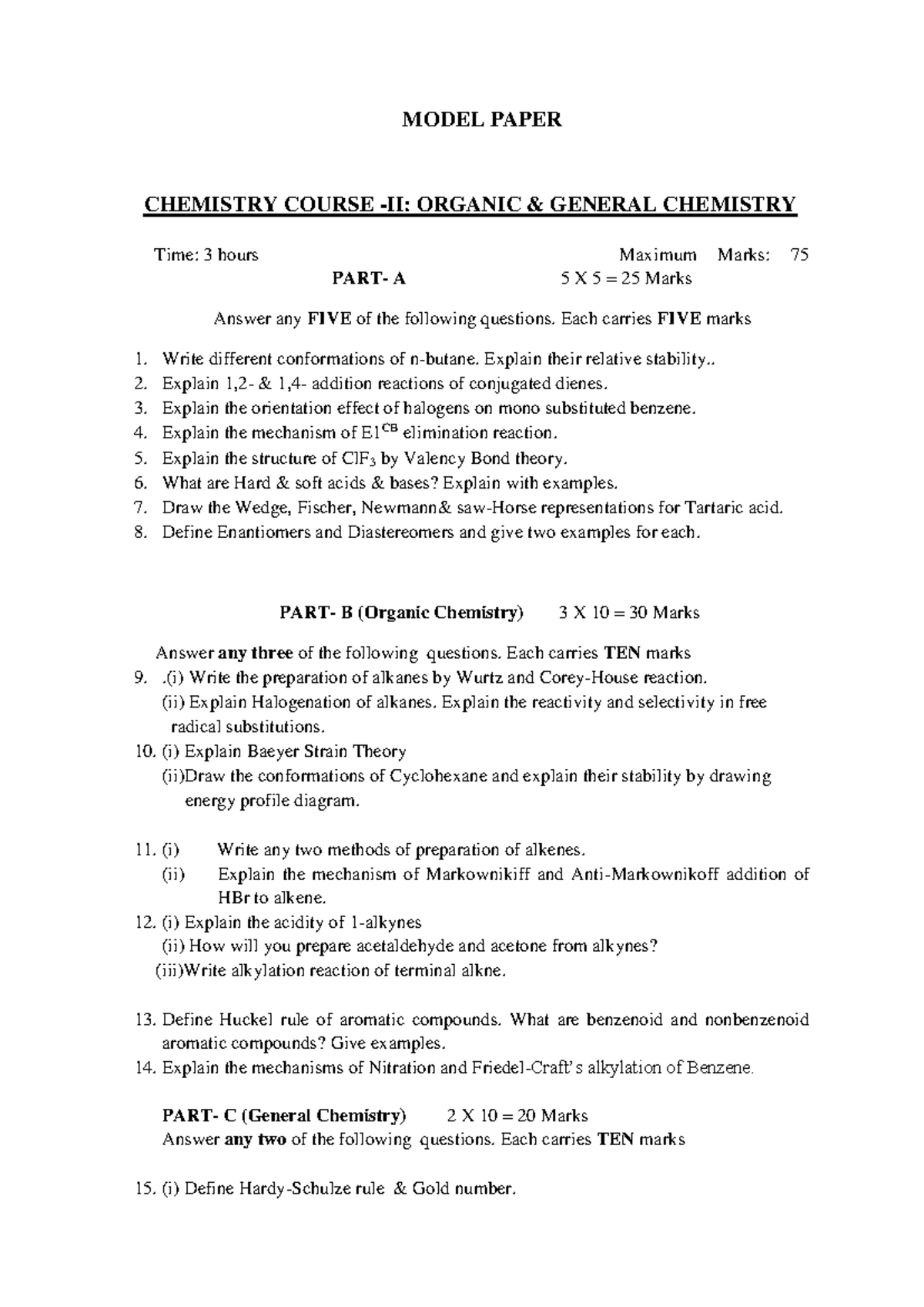 Model Paper First YEAR B.Sc Degree Examination Semester-II Chemistry ...