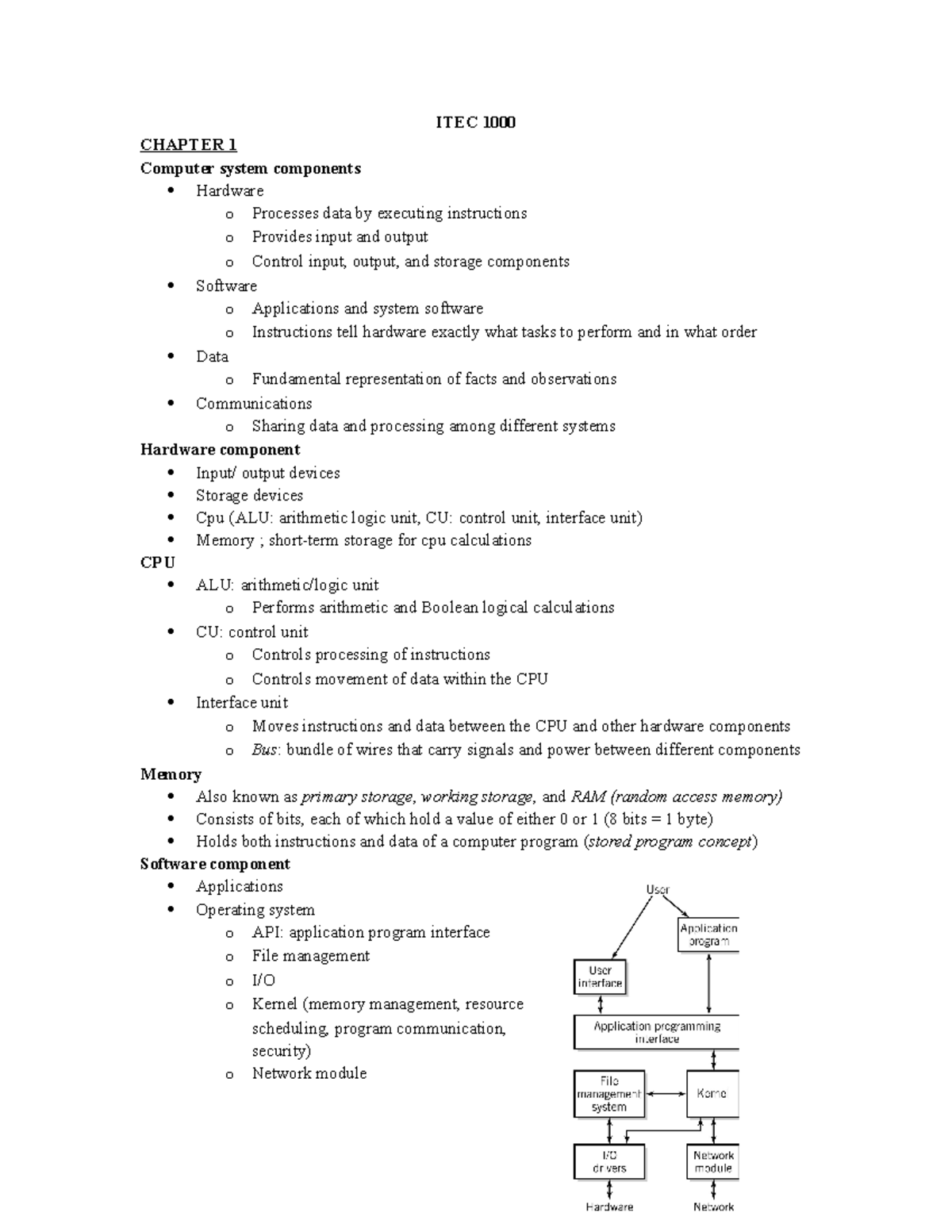 ITEC 1000 - ITEC 1000 CHAPTER 1 Computer system components Hardware o ...