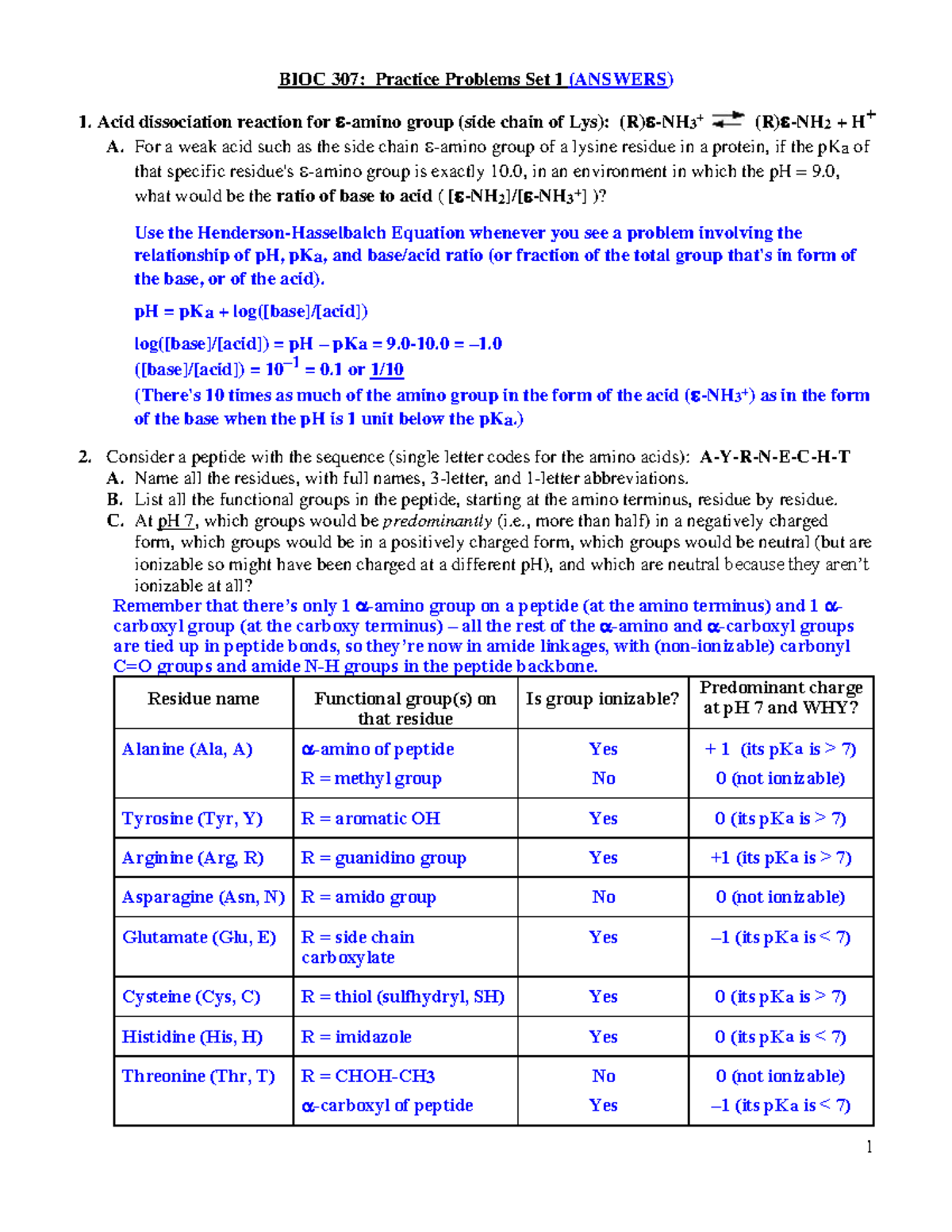 BIOC 307 Fall 2022 Practice Problems Set 1 (Answers) - BIOC 307 ...