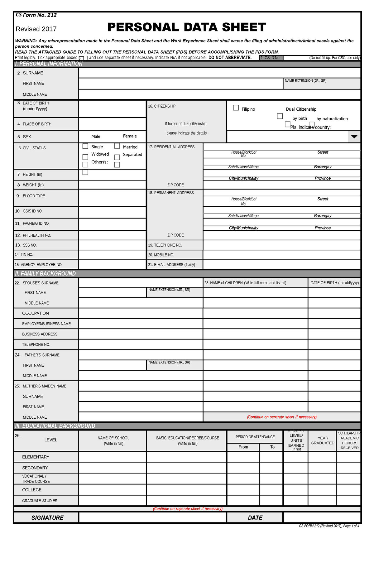 Personal Data Sheet Cs Form No Cs Form No 212 Revised 2017 Personal Data Sheet Warning Any 0941