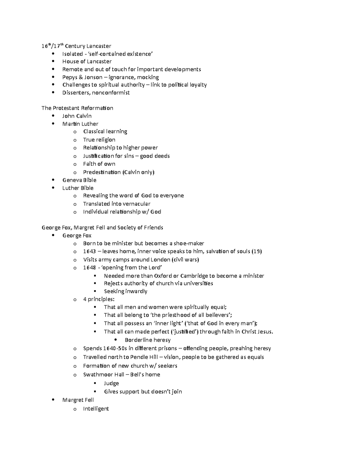 Week 5 - Lecture 8 (Quakers) - 16 th/17th Century Lancaster Isolated ...