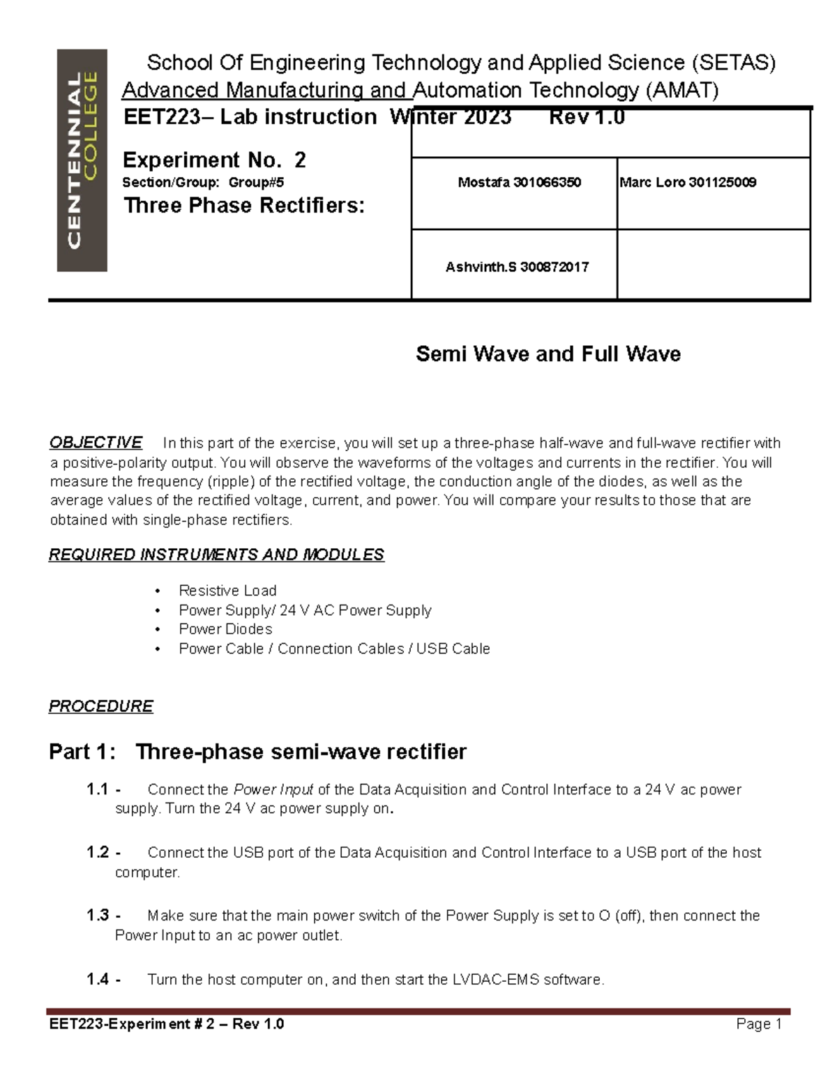 EET223-W23-EXP 2 - Three Phase Uncontrolled Rectifiers - School Of ...