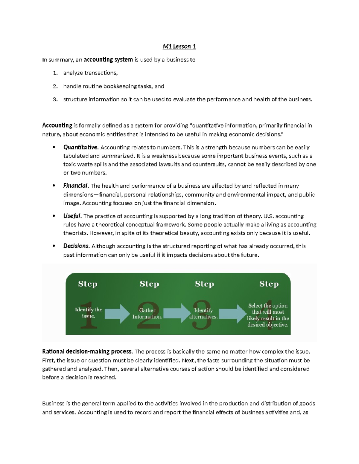 M1 Lesson 1 - M1 Lesson 1 In summary, an accounting system is used by a ...