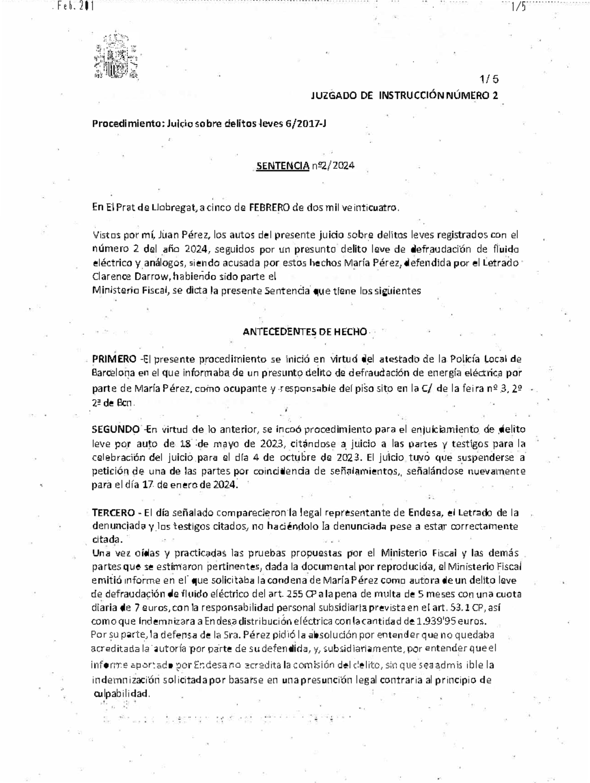 Modelo de sentencia - .Feb 1 1/ · 1 / 5 JUZGADO DE INSTRUCCIÓN NÚMER ...
