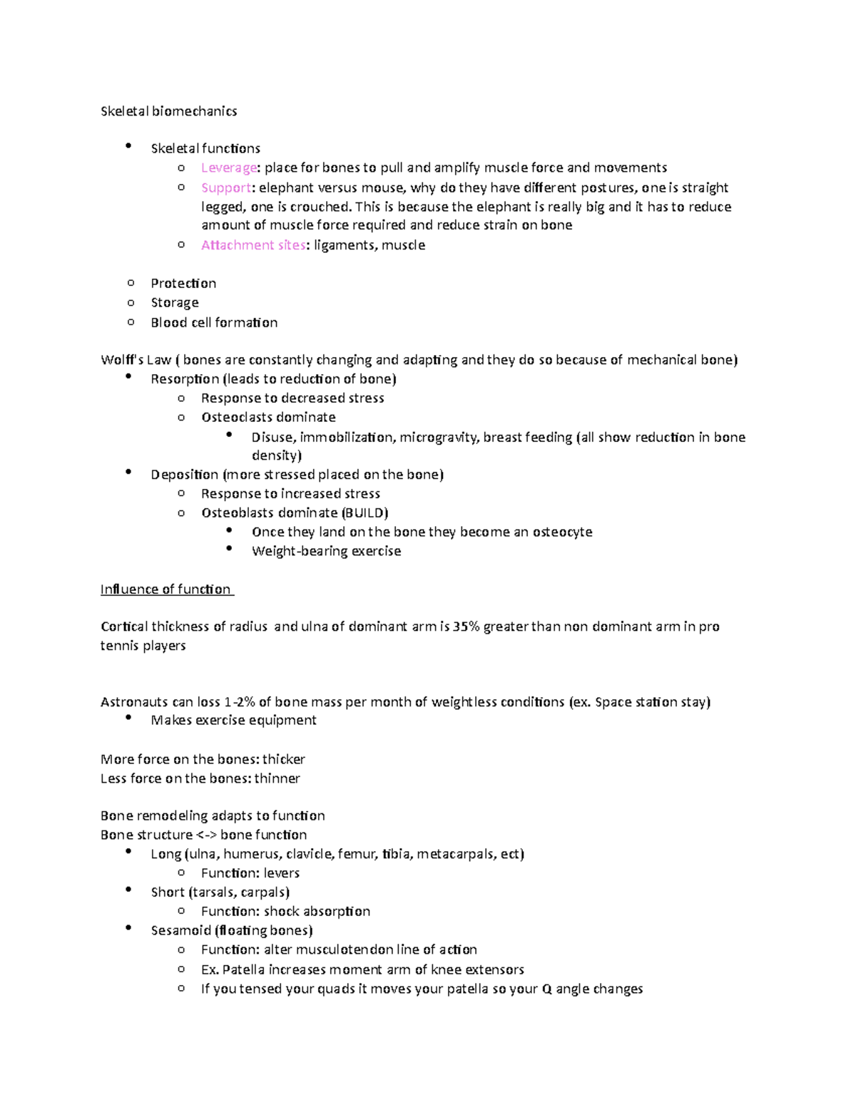 Kinesiology lecture 6 notes Skeletal biomechanics Skeletal functions