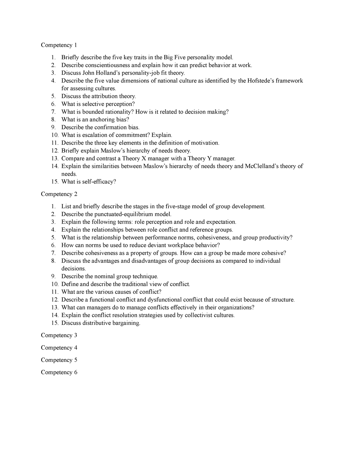 Organizational Behavior Study Guide - Competency 1 Briefly describe the ...