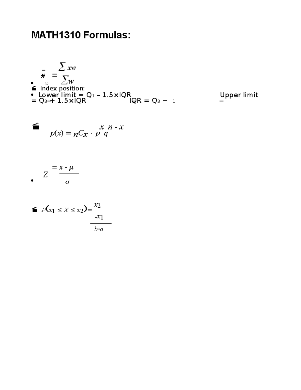 1310 Formulas Z tables 2021 online - Math 1310 - BCIT - Studocu