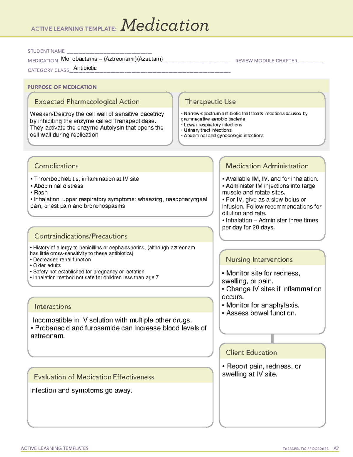 ATI Monobactams – aztreonam (Azactam) Med Sheet - PNSG 2330 - Lanier ...