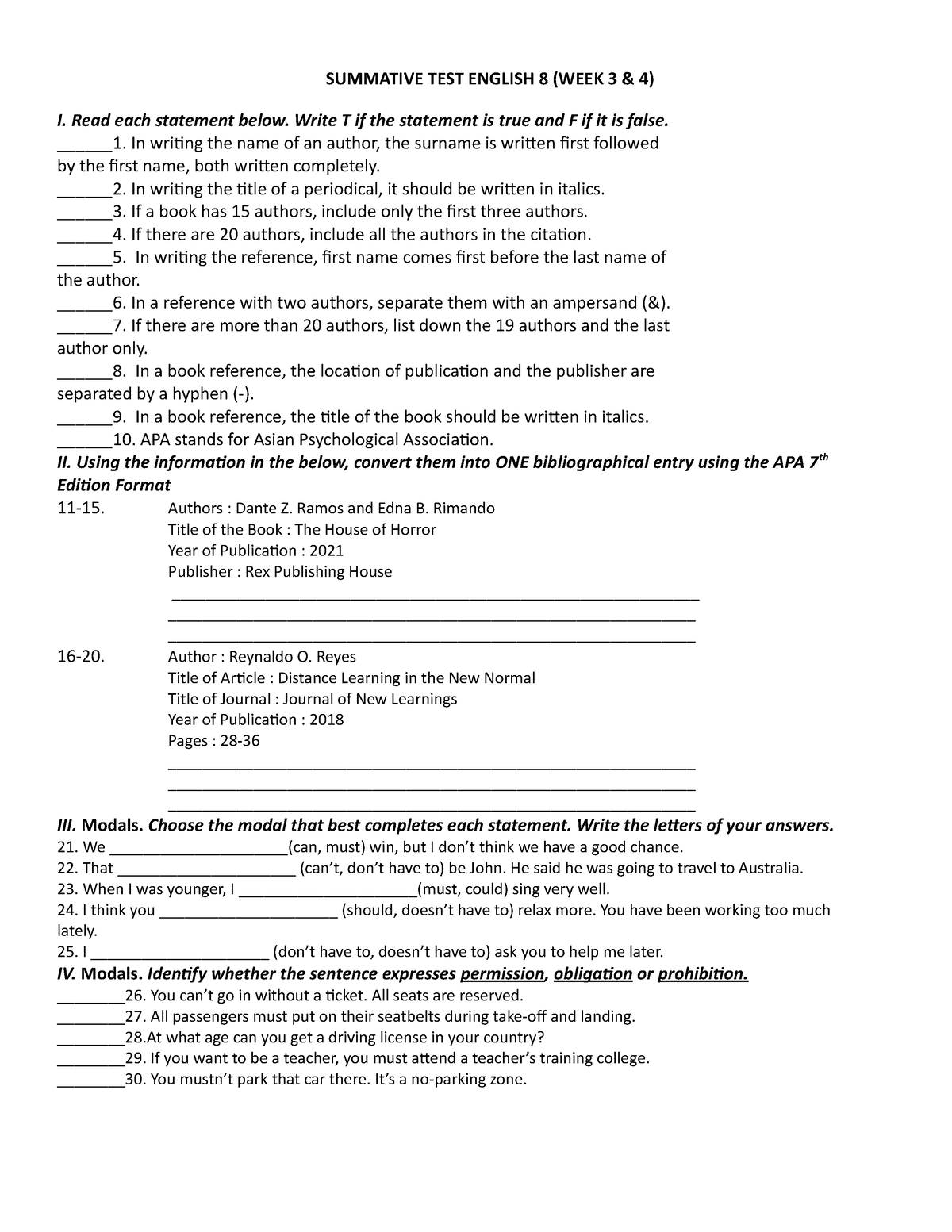 Summative TEST English 8 WEEk 3 4 - SUMMATIVE TEST ENGLISH 8 (WEEK 3 ...