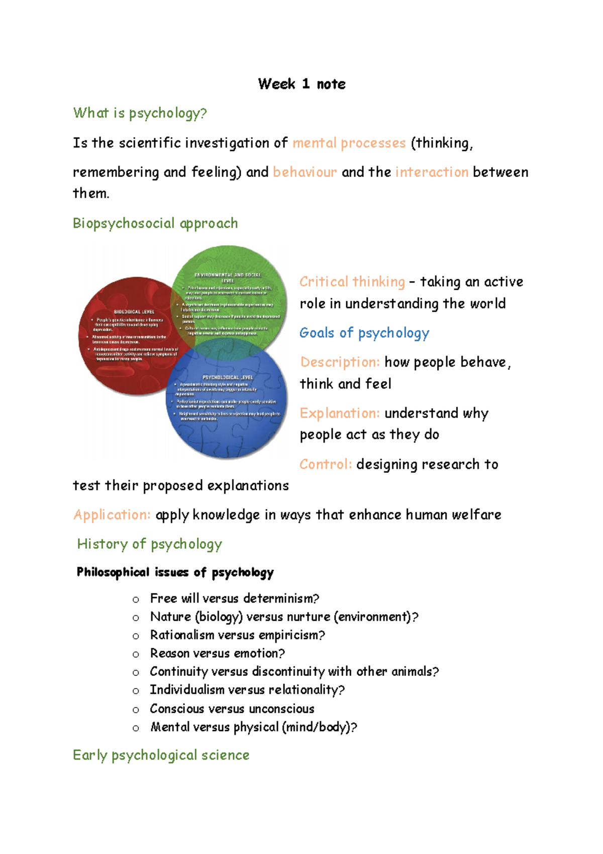 Psychology Week 1 note - Week 1 note What is psychology? Is the ...