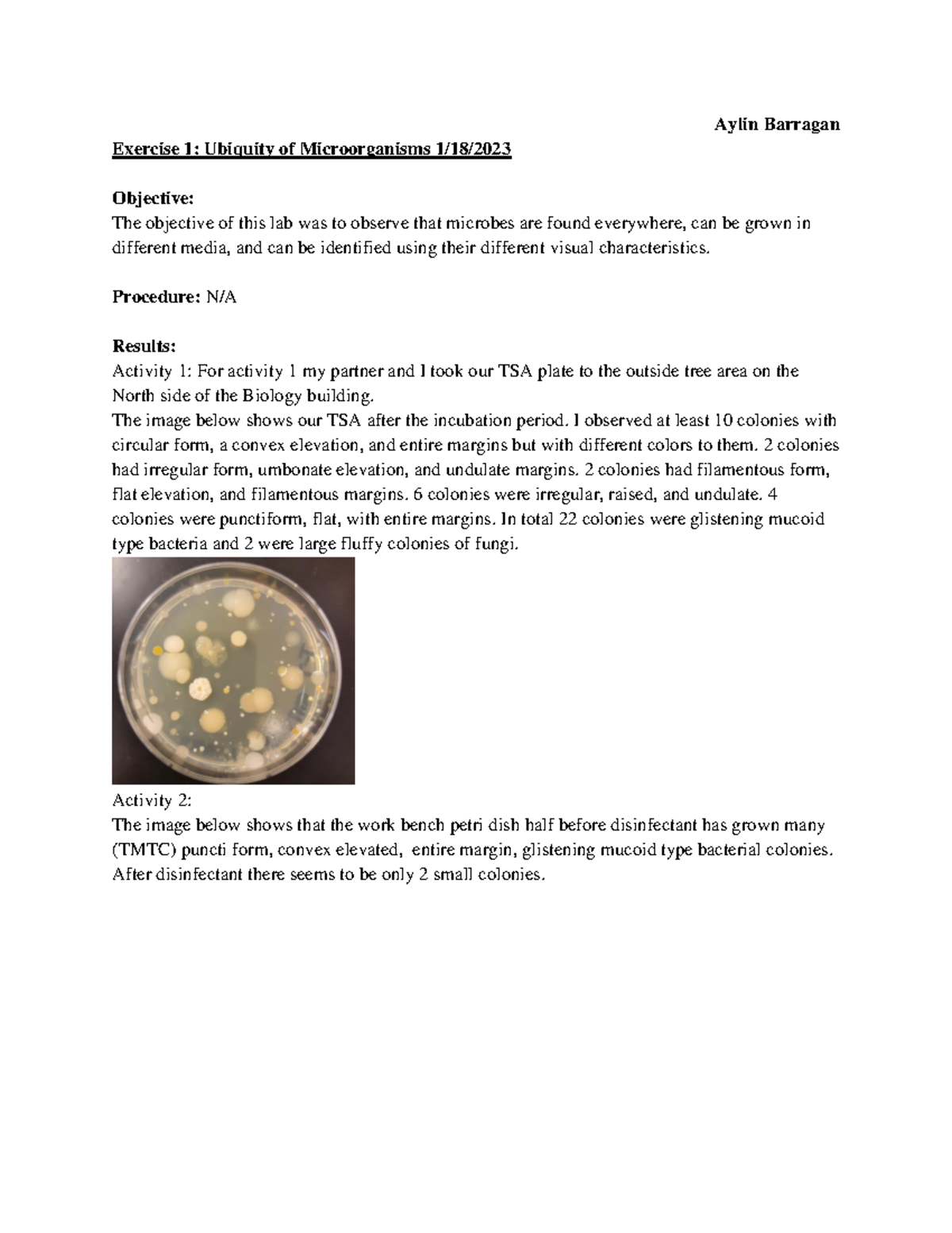 Microbiology Lab Report 1 Aylin Barragan Exercise 1 Ubiquity of