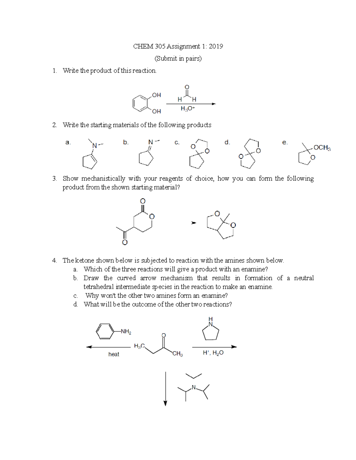 CHEM 305 tutorial for practice - CHEM 305 Assignment 1: 2019 (Submit in ...