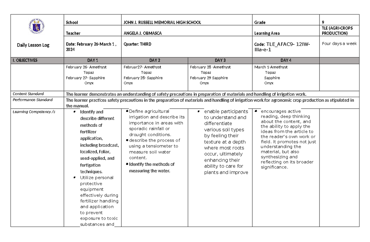 Week 5 - dll - School JOHN J. RUSSELL MEMORIAL HIGH SCHOOL Grade 9 ...