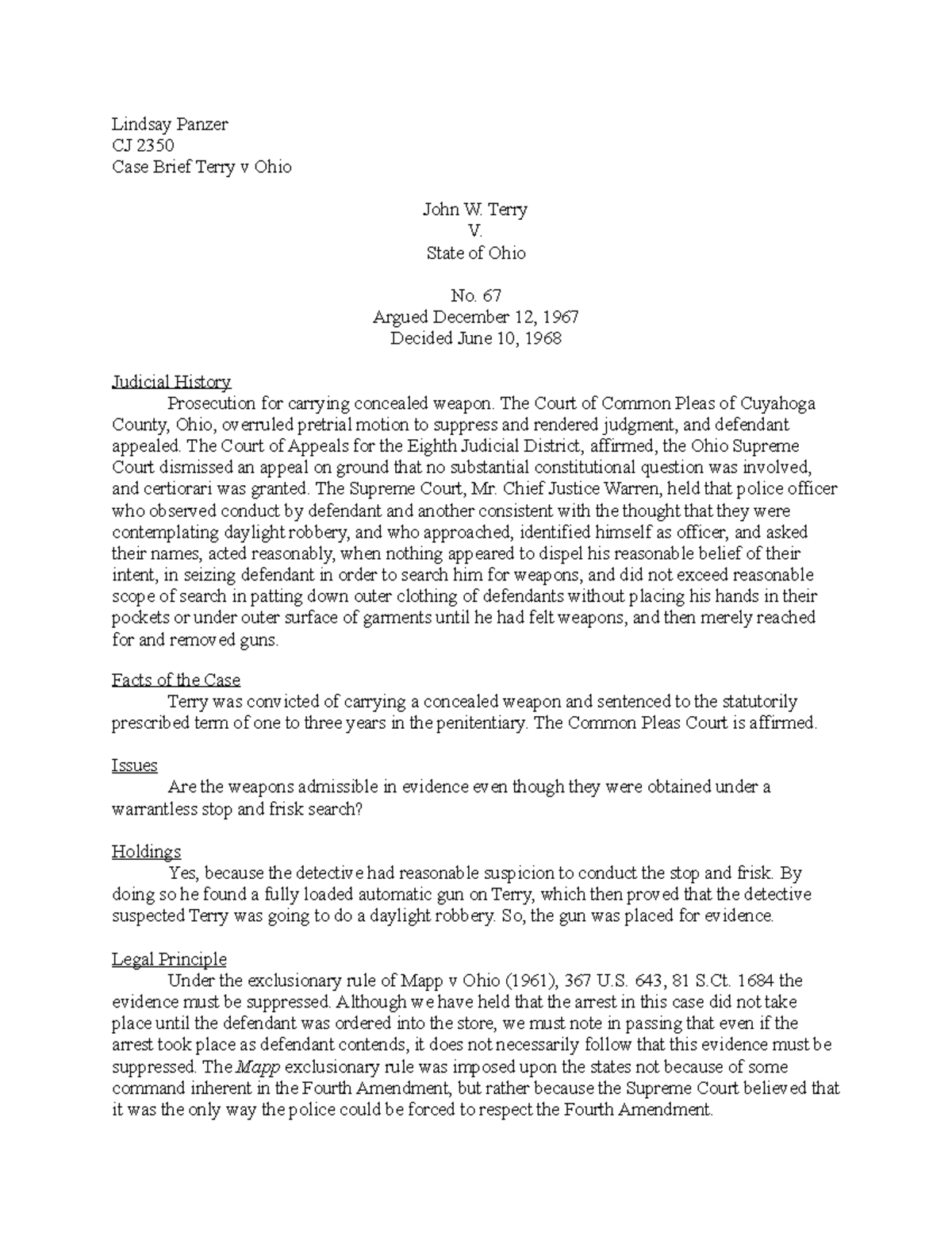 Case Brief Terry V Ohio Cj 2350 Studocu