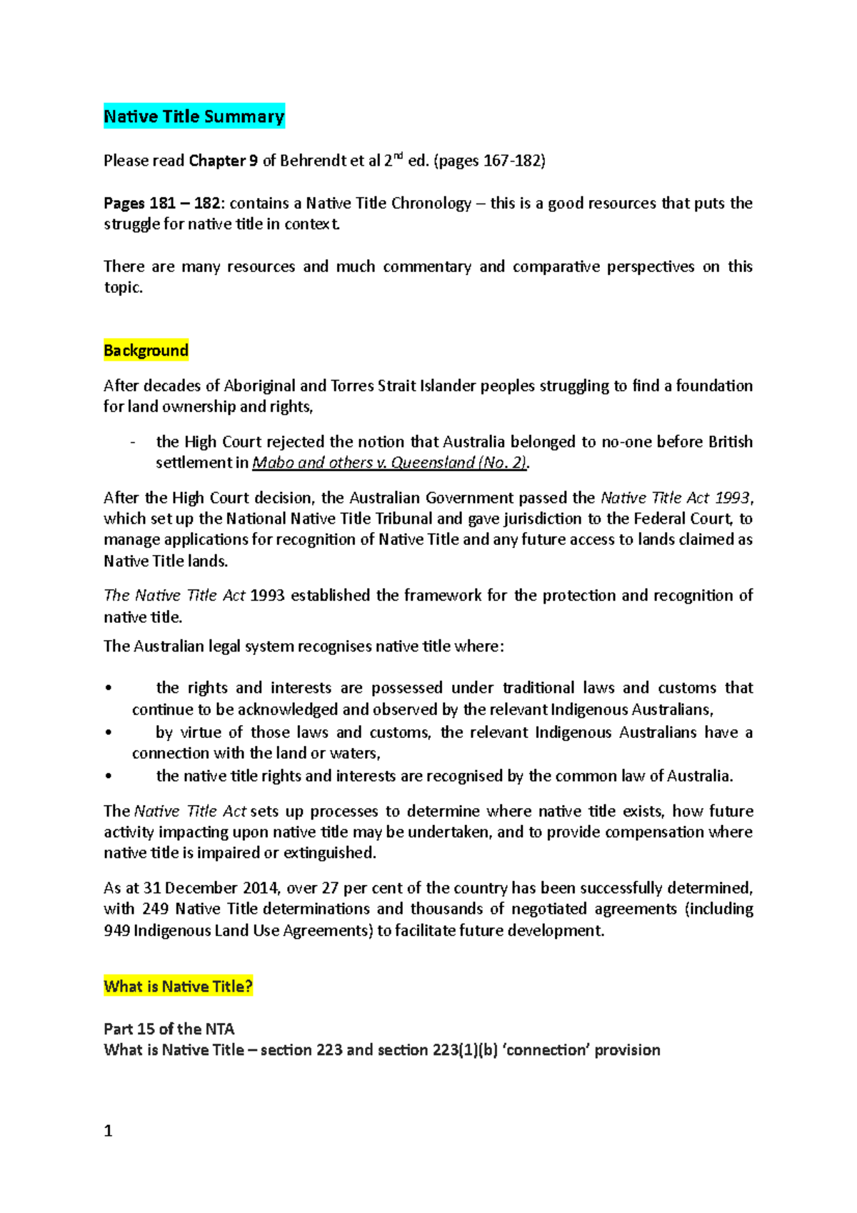 Native Title Summary - Lecture notes 4 - Native Title Summary Please ...