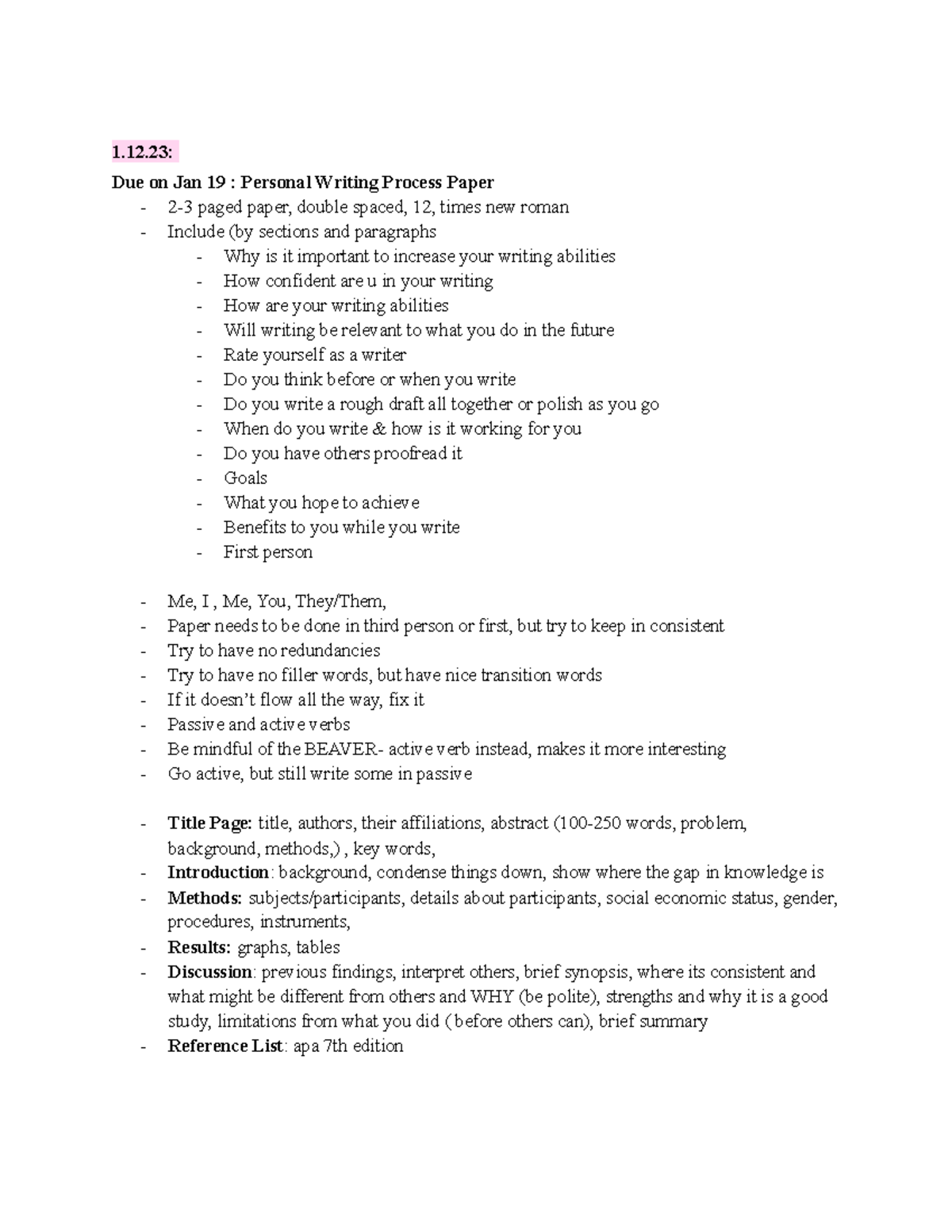 Writing in Psych - Professor Hedge - 1.12: Due on Jan 19 : Personal ...