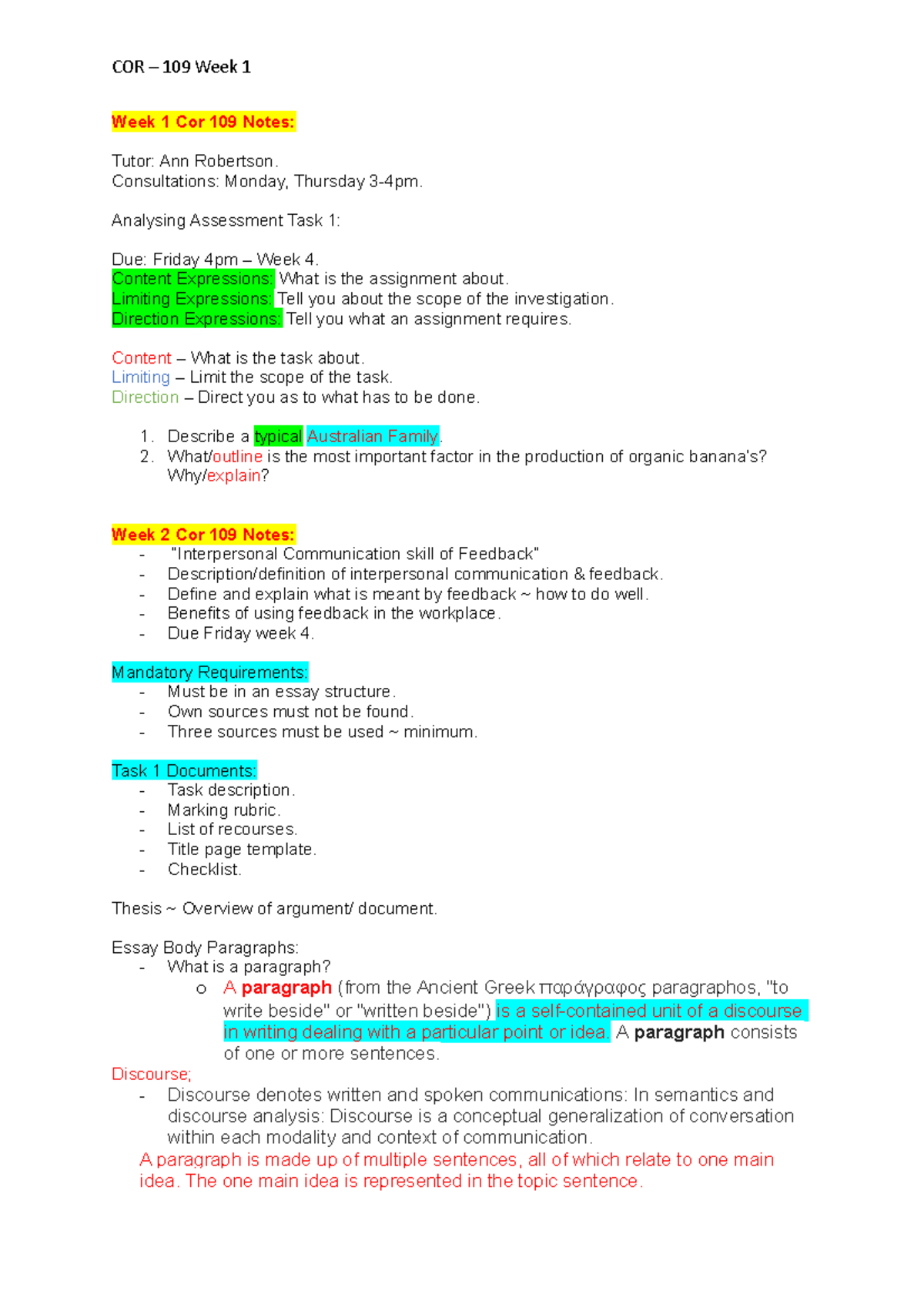 COR - 109 Notes Week 1 - COR – 109 Week 1 Week 1 Cor 109 Notes: Tutor ...