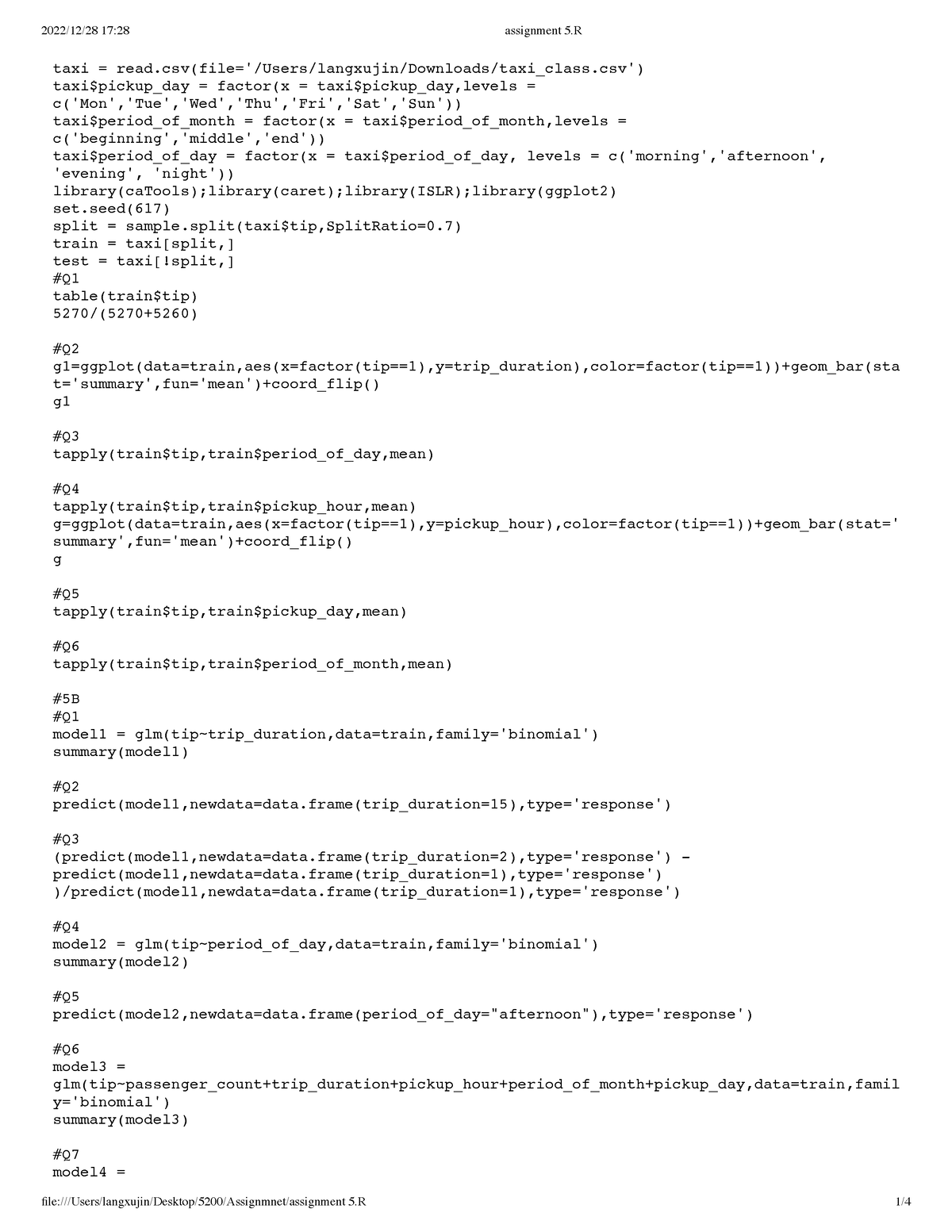 Assignment 5 - R regression - taxi = read(file='/Users/langxujin ...