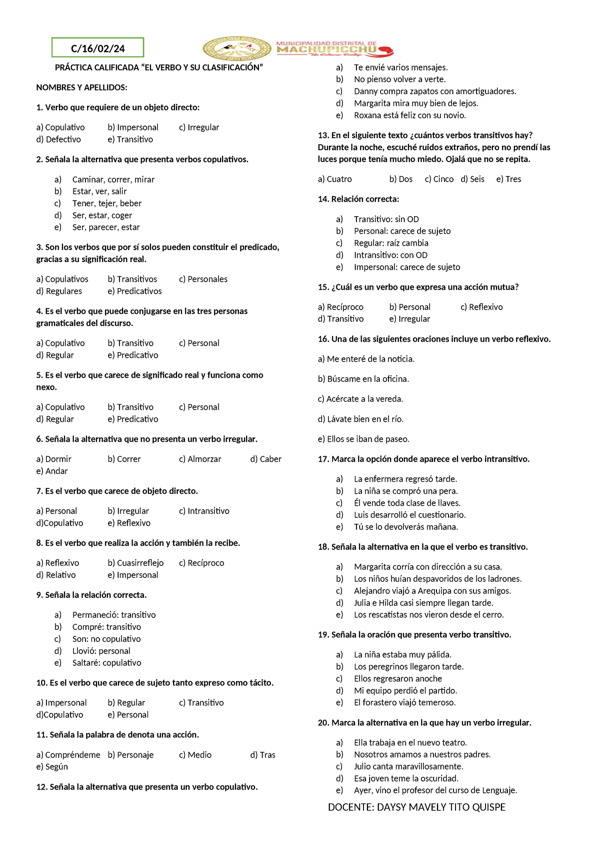 Practica Calificada El Verbo Pr Ctica Calificada El Verbo Y Su Clasificaci N Nombres Y