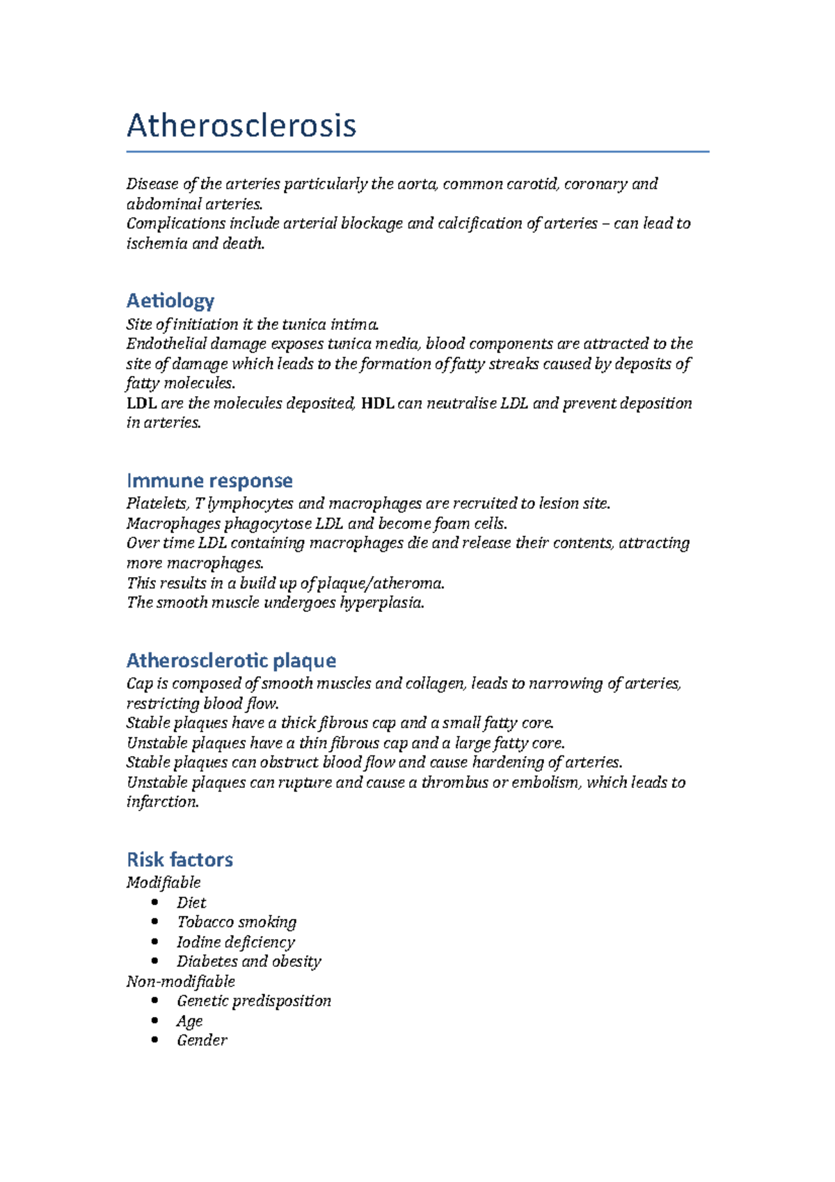 PBD notes - Lecture note 6-12 - Atherosclerosis Disease of the arteries ...