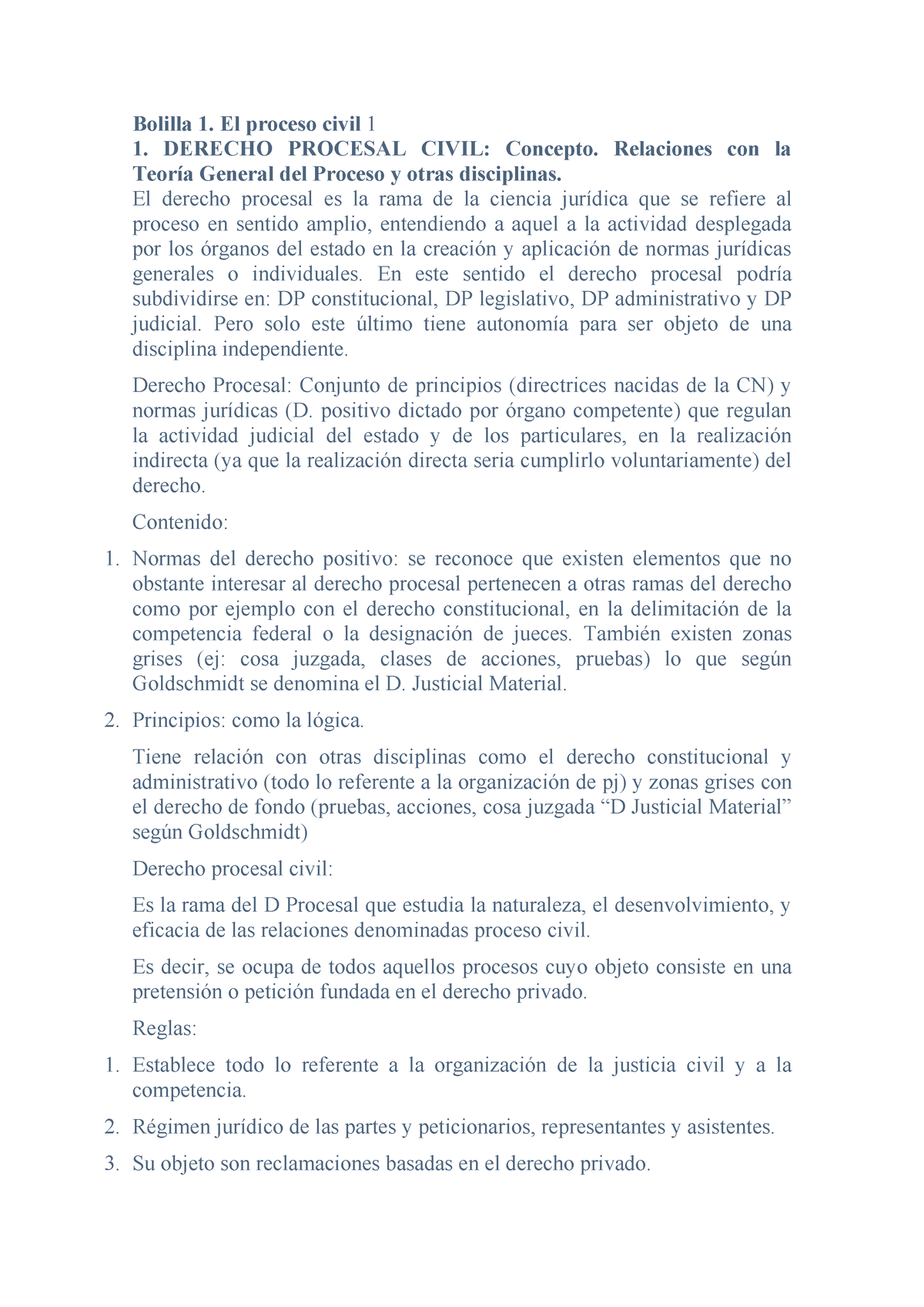 Bolilla Procesal - Bolilla 1. El Proceso Civil 1 1. DERECHO PROCESAL ...