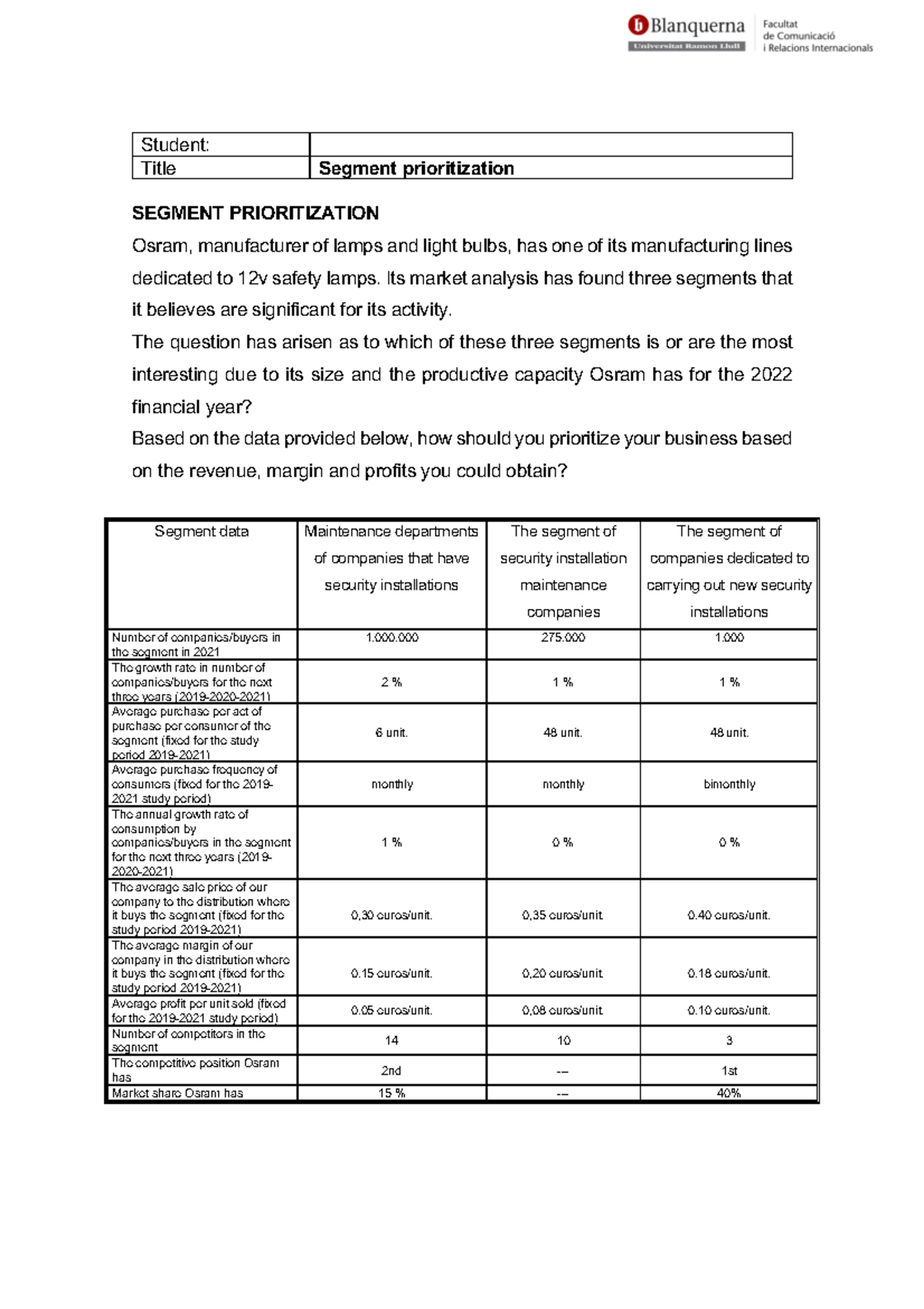 06 Osram Segment priorization - Student: Title Segment prioritization ...