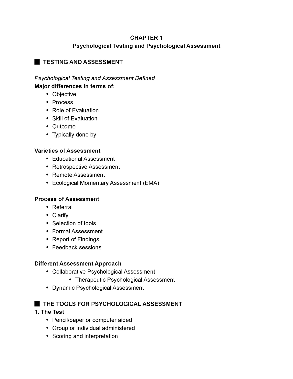 Psych- Assess- Outline - CHAPTER 1 Psychological Testing And ...