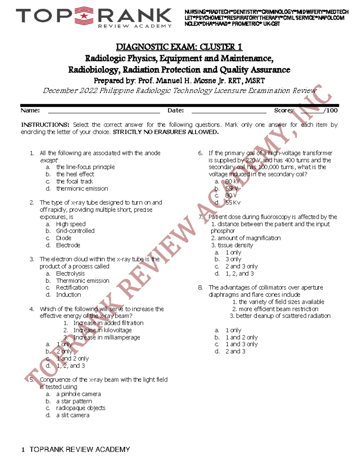 Cluster 1 ( Radbio) - 1 TOPRANK REVIEW ACADEMY LETPSYCHOMETRESPIRATORY ...