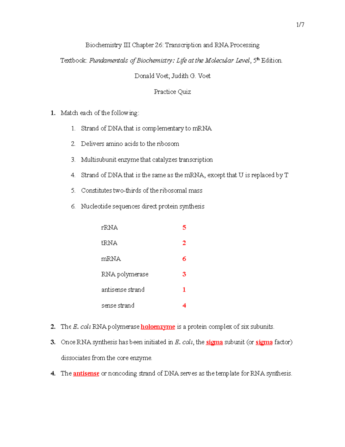 Chapter 26 - Transcription and RNA Processing Practice Quiz - 1/7 ...