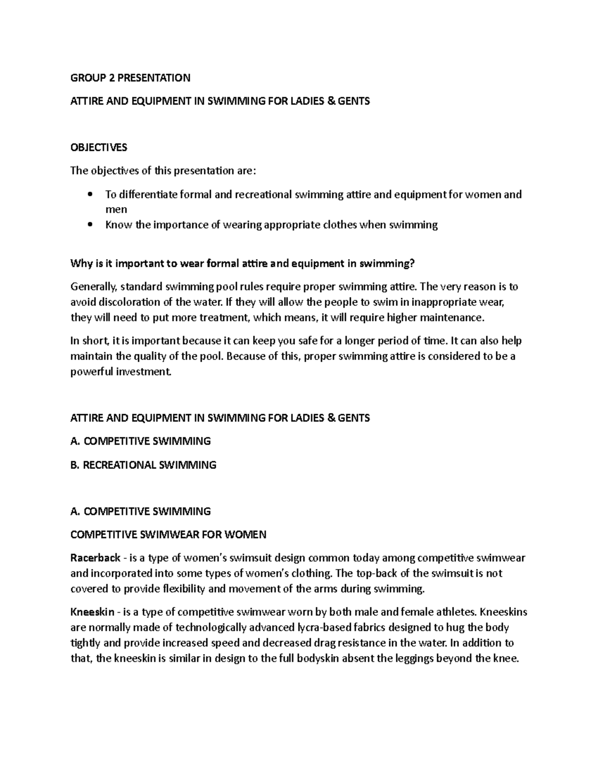 ATTIRE AND EQUIPMENT IN SWIMMING FOR LADIES & GENTS GROUP 2