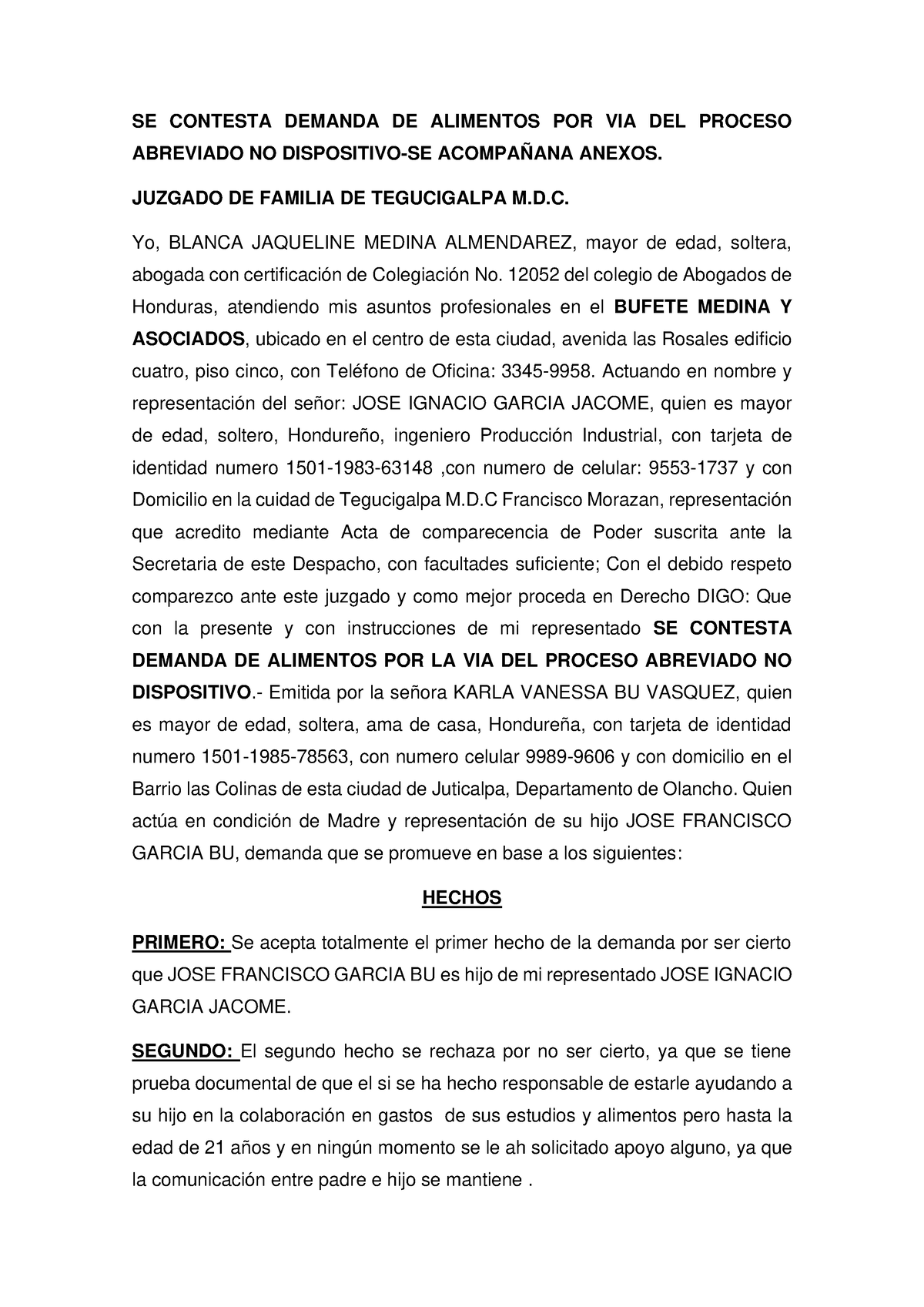 Contestacion Demanda De Alimentos Se Contesta Demanda De Alimentos Por Via Del Proceso 5523