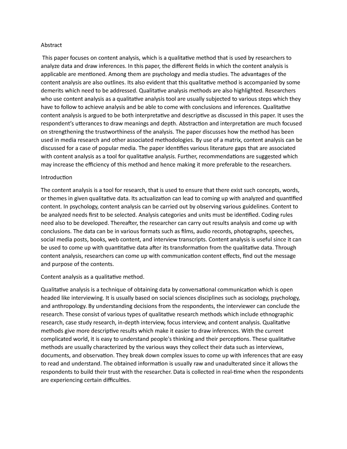 Psychology - Abstract This paper focuses on content analysis, which is ...