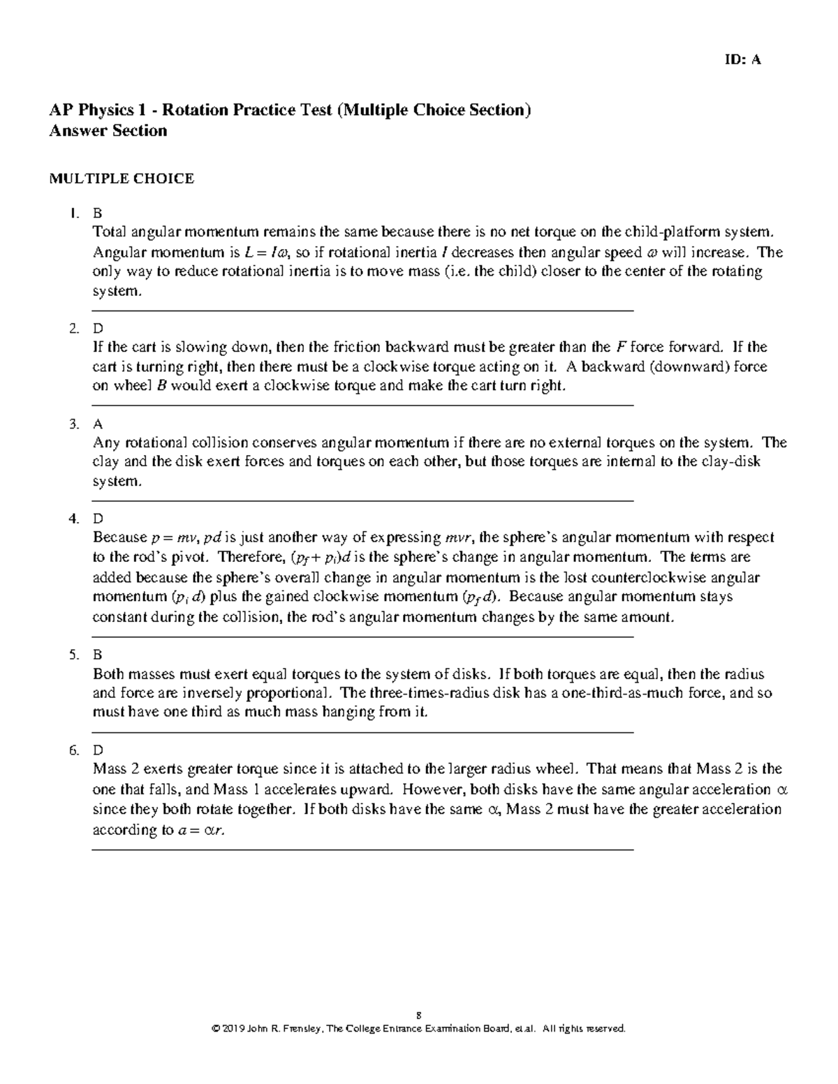 Unit 7-8 Practice Test MC Solutions - 8 AP Physics 1 - Rotation ...