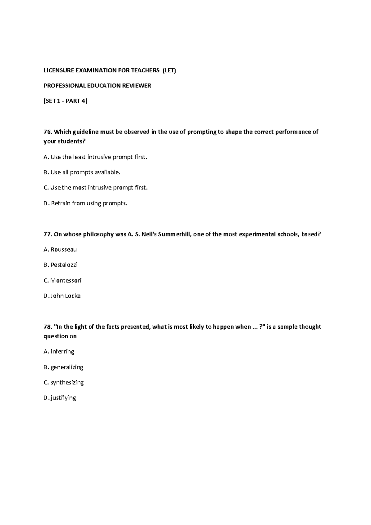 Licensure Examination for Teachers Set 1 Part 4 - LICENSURE EXAMINATION ...
