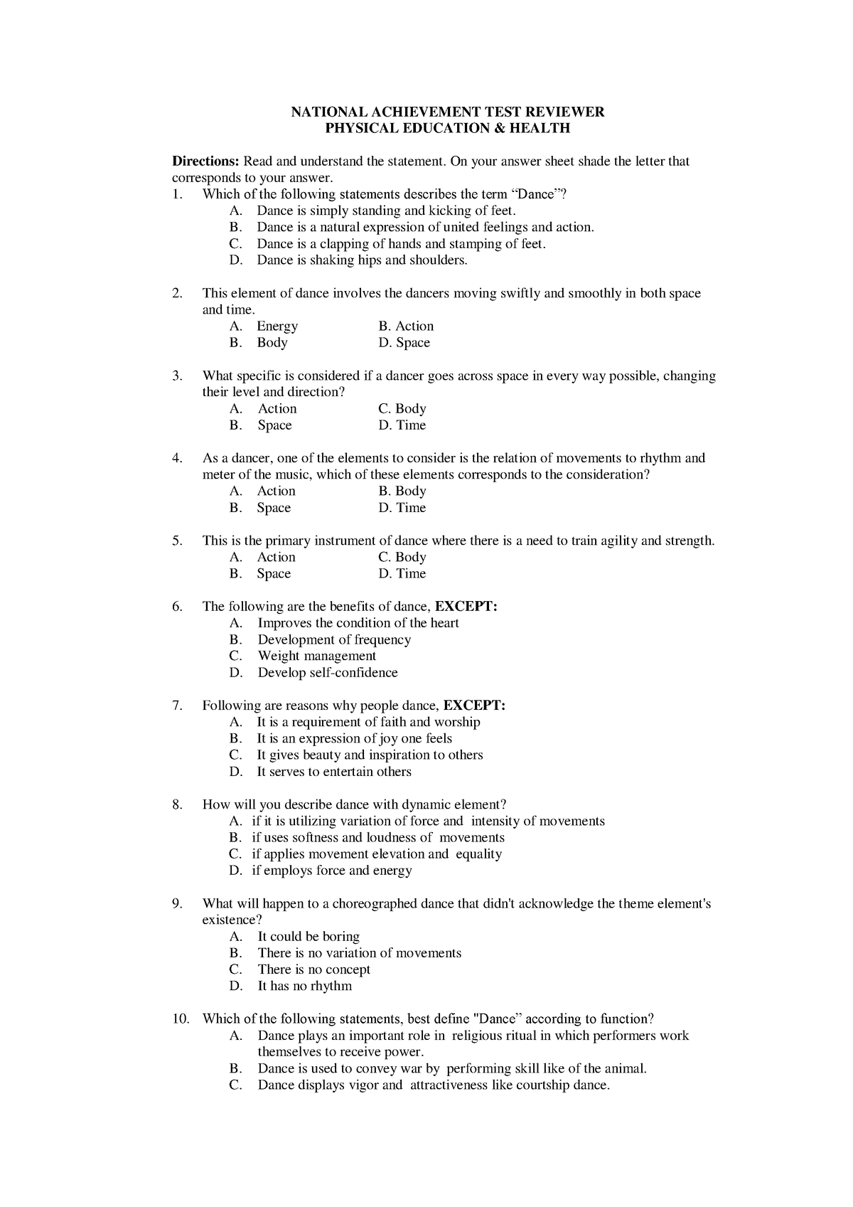 PE-Questionnaire - Project - NATIONAL ACHIEVEMENT TEST REVIEWER ...