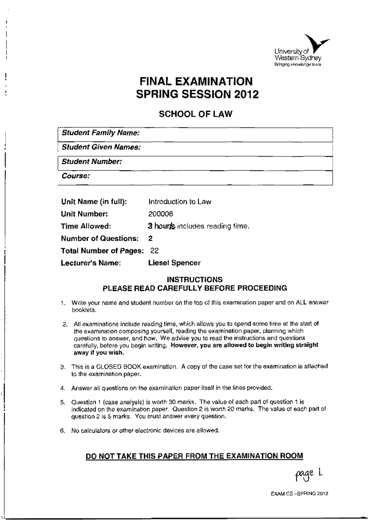 Exam 2012, questions - Final - University Western Sydney Bringing ...